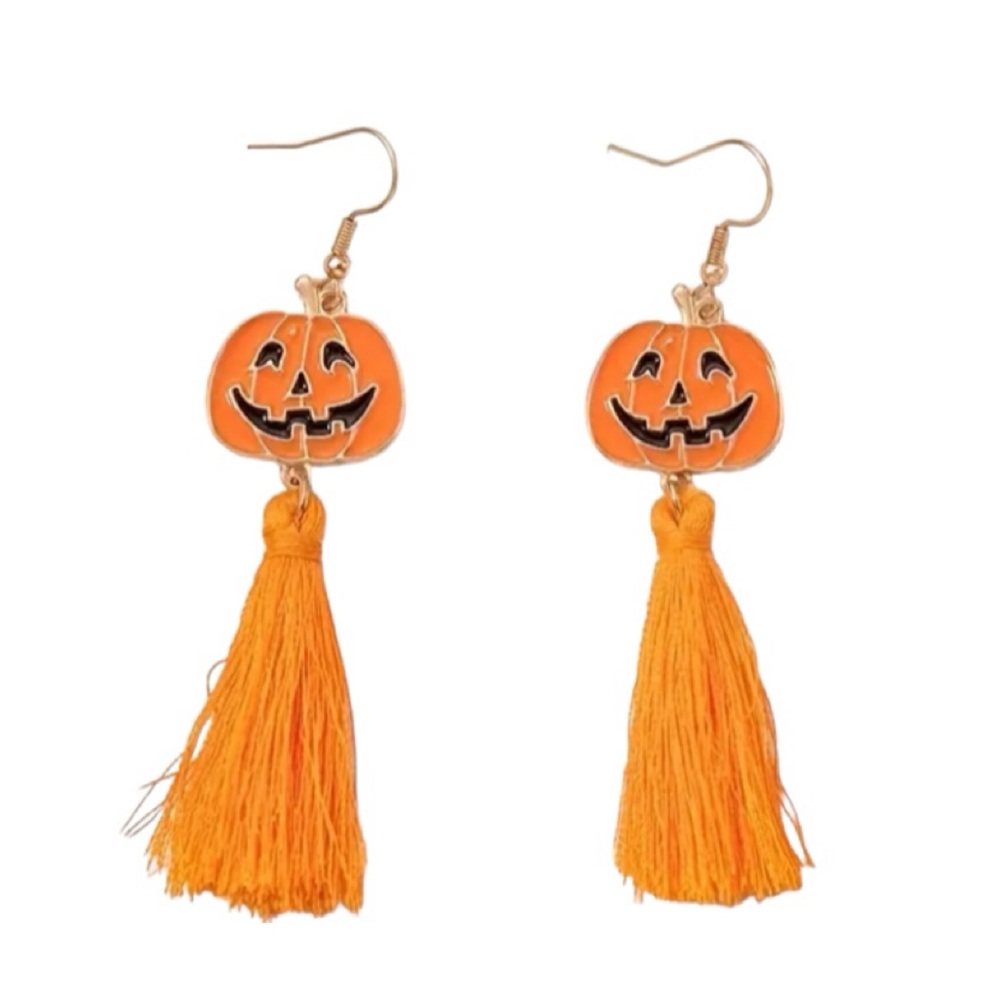 Smiling Jack O Lantern Pumpkin Halloween Tassel Earrings